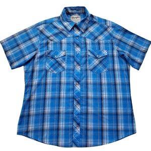 Wrangler Men's Pearl Snap Western Shirt Short Sleeve Blue Plaid Sz XL